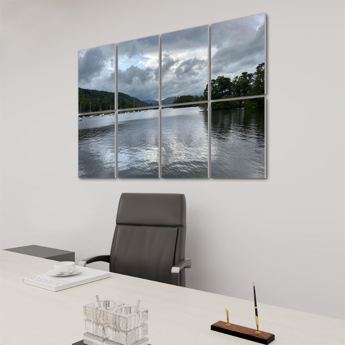 8 Decorative Sound Absorbing Wall Panels featuring Windermere Lake Landscape. Office acoustic art above executive desk and chair.