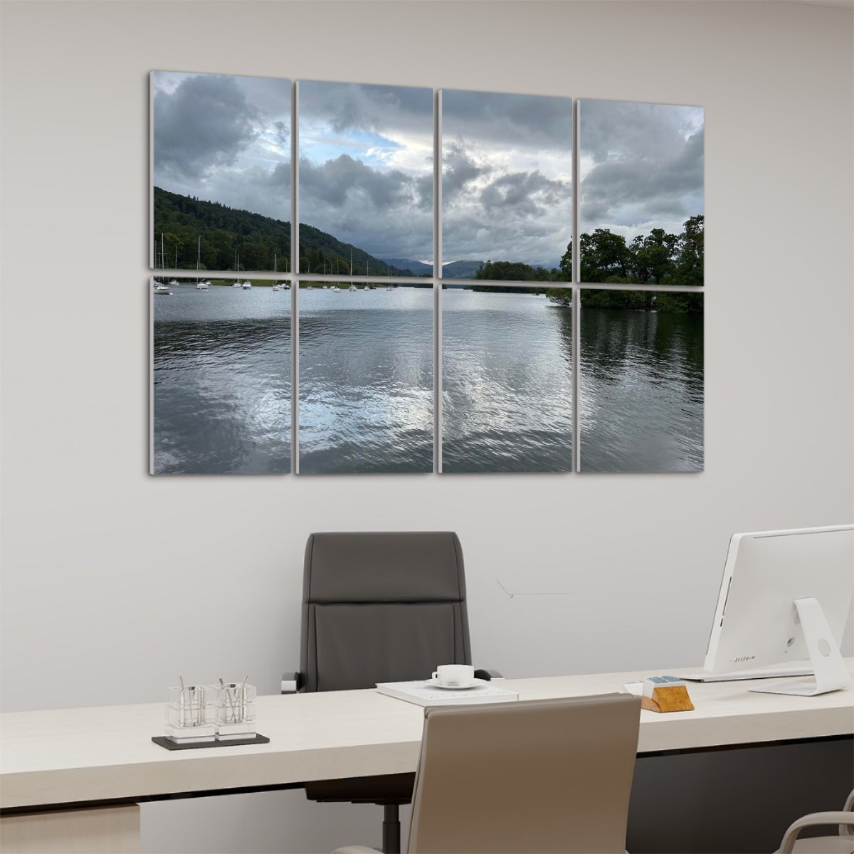 Office wall art with 8 Decorative Sound Absorbing Wall Panels featuring Windermere Lake Landscape above desk