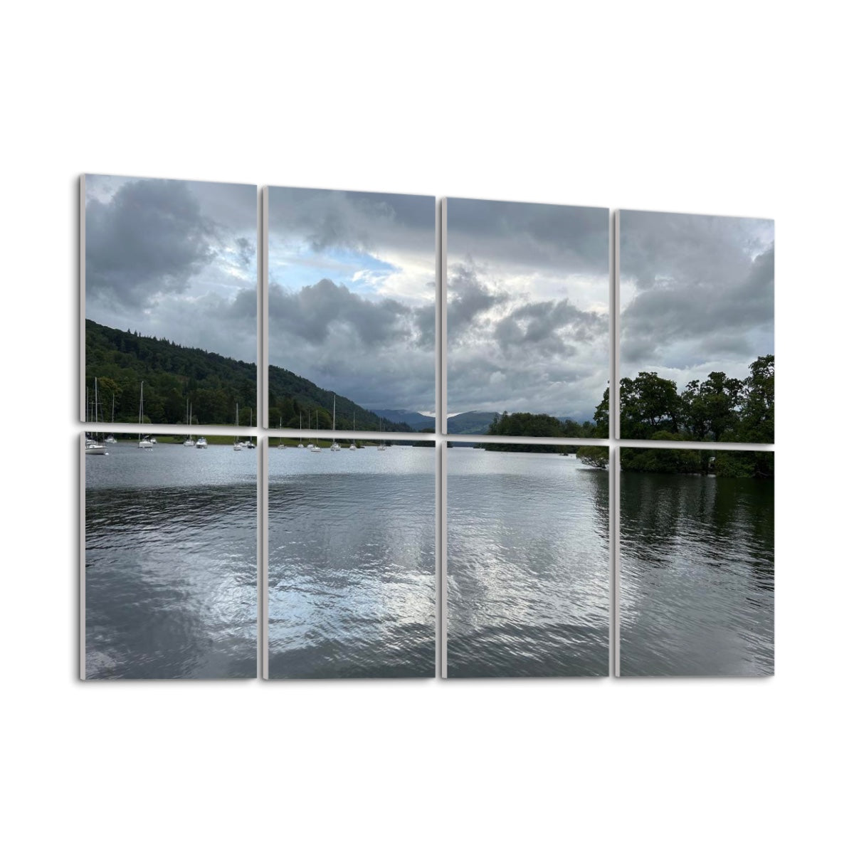 8 Decorative Sound Absorbing Wall Panels featuring Windermere Lake Landscape. Serene cloudy lake reflection with moored boats