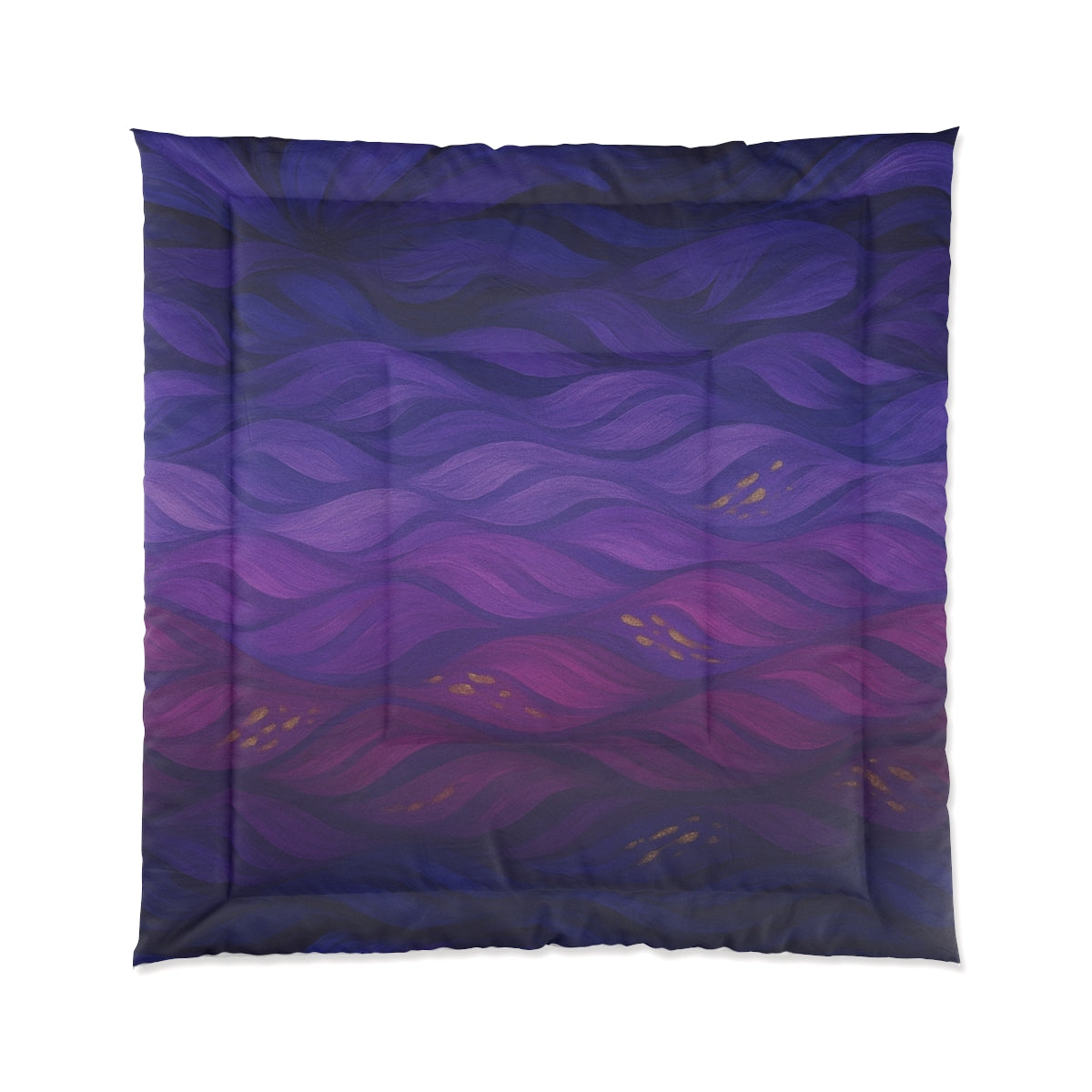 Square full color comforter in shades of midnight purple and mauve, stylized with fluid waves and soft gold accents. Size: 88" × 88"