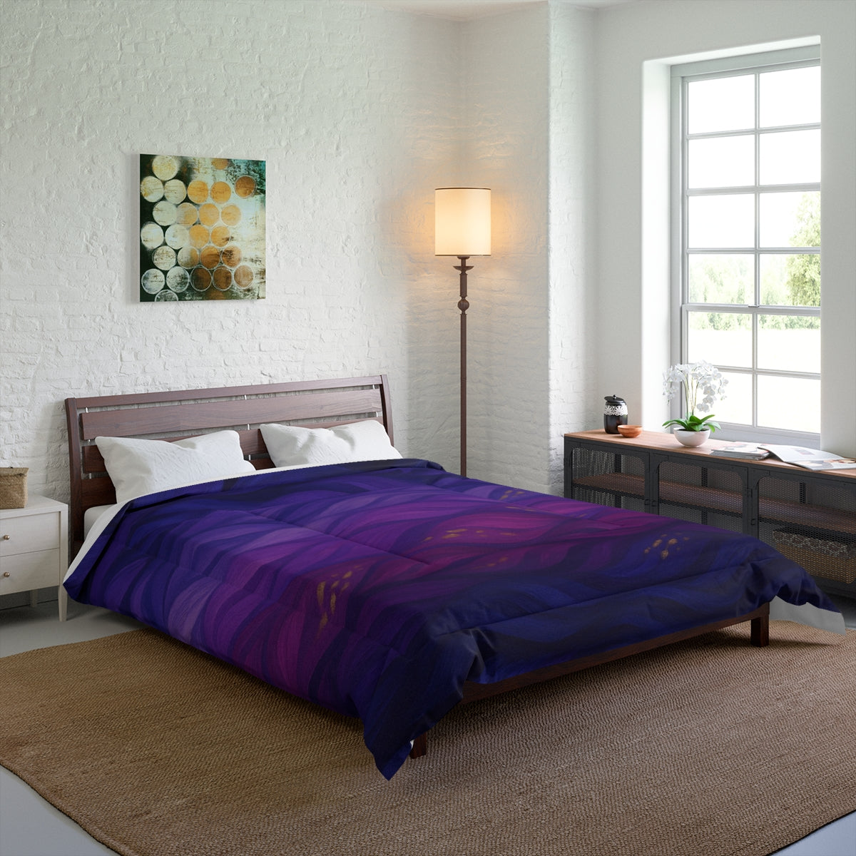 Mockup bedroom with the full color comforter on a queen bed; symmetrical violet and pink layers dominate the scene. Size: 88" × 88"