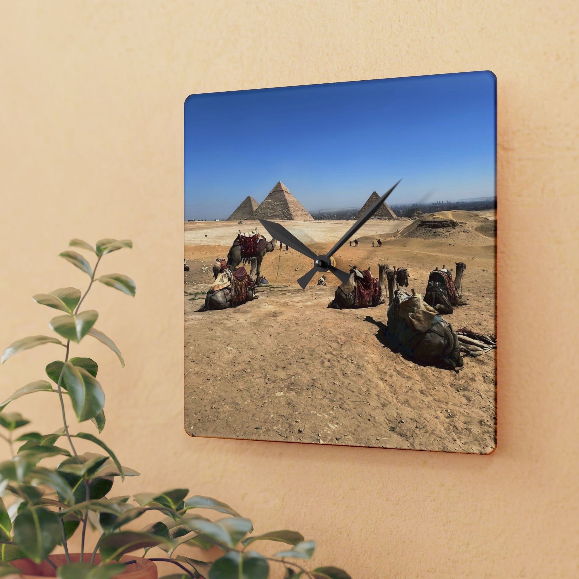 Acrylic wall clock featuring camels desert and pyramids of Giza