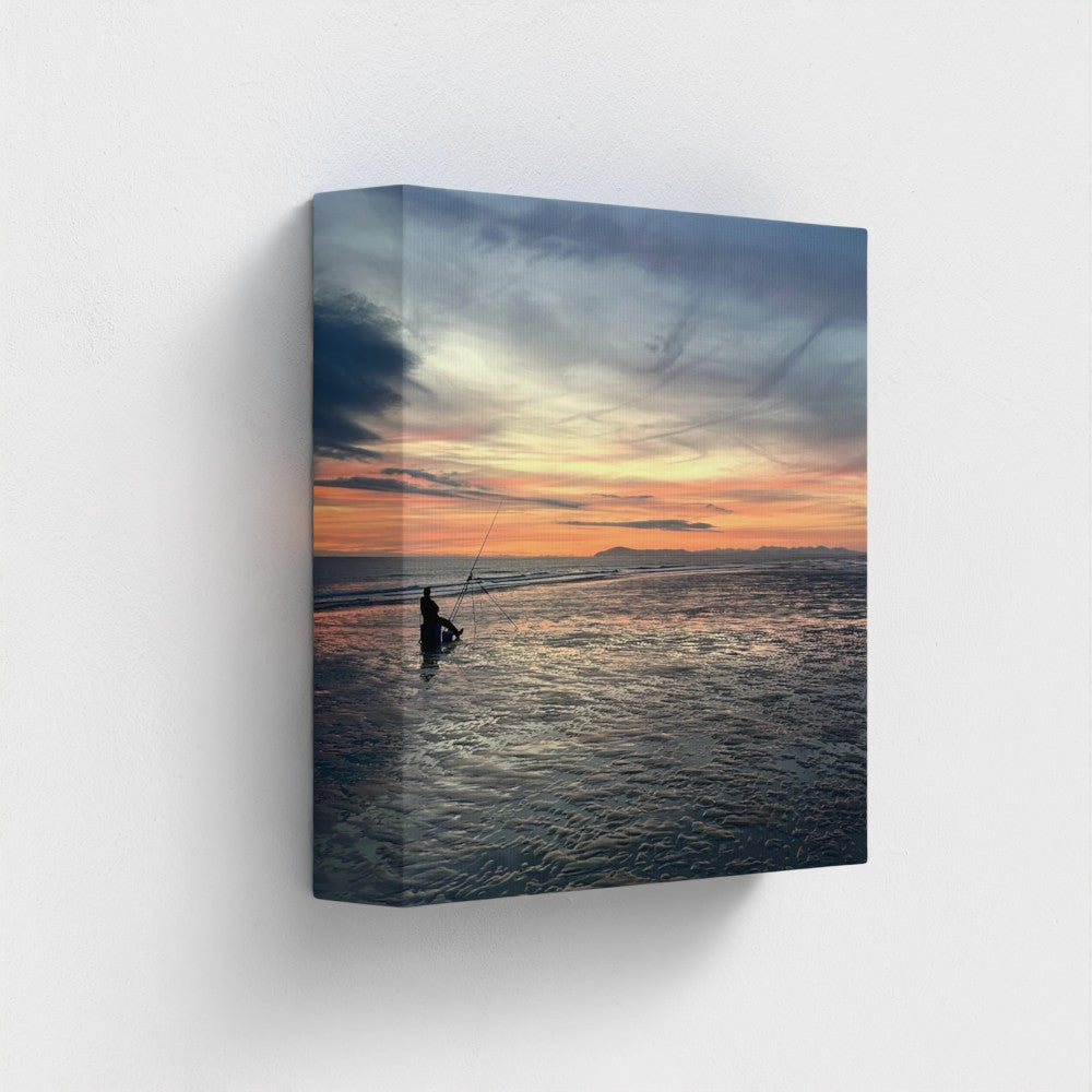 Green Wall Art Blackpool Beach Red Sunset: fisherman silhouette on wet sand under fiery red sky