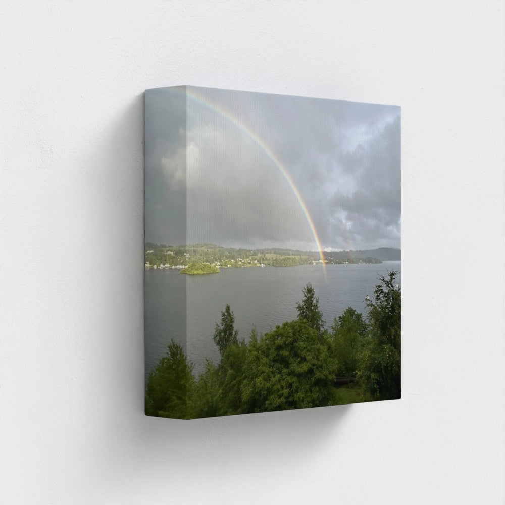 Windermere Rainbow Recycled Wall Art Lake District Landscape showing a tight square view: vivid arc emerging from lake