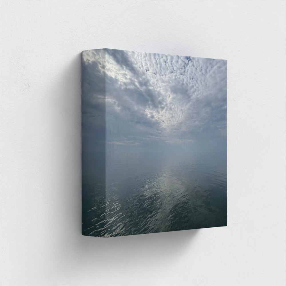 Eco-friendly canvas print of Blackpool seascape with layered clouds, calm water reflections, and a distant pier under a quiet sky, size: 8''x8''