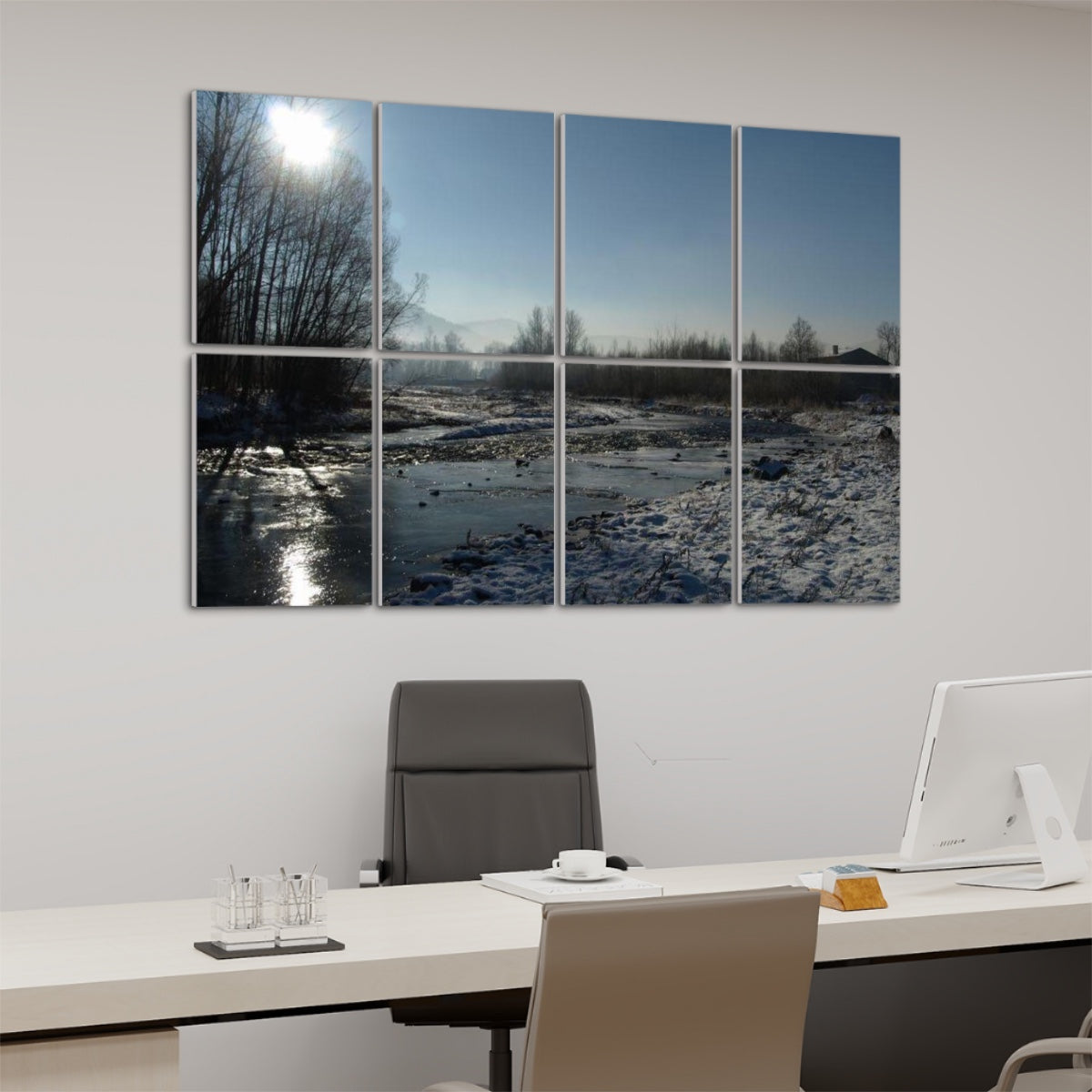 Left-angle view of full color Winter Stream wall panels with crisp snow detail, cool lighting, and forest textures.
