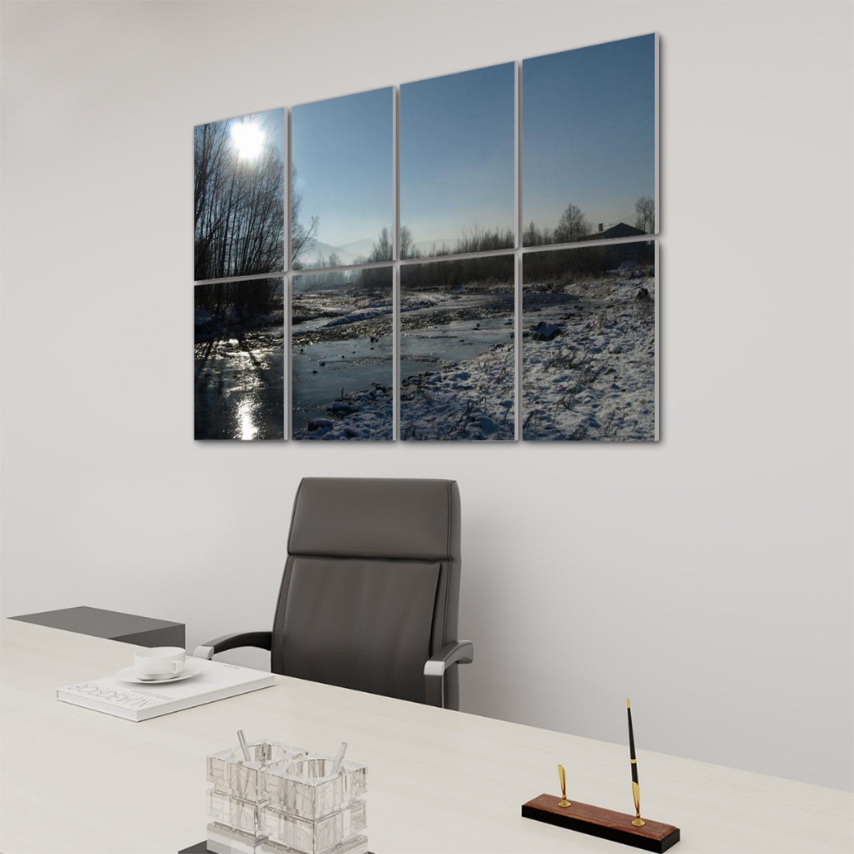 Right-angle view of Winter Stream acoustic panels showing flowing water, winter branches, and soft shadows.