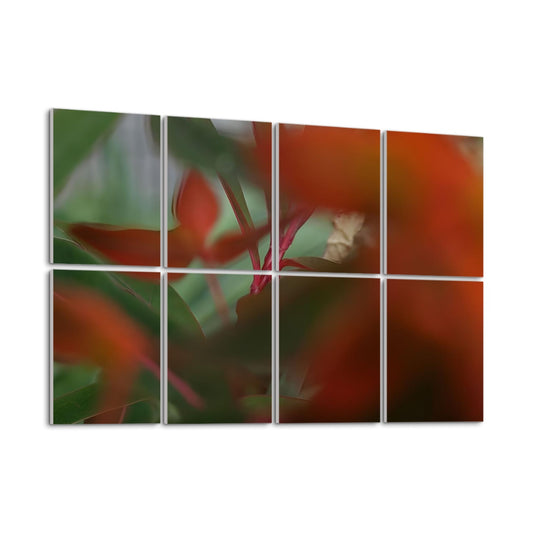 Left-angle view of full color Abstract Foliage wall panels showing layered botanical textures with warm lighting and depth.