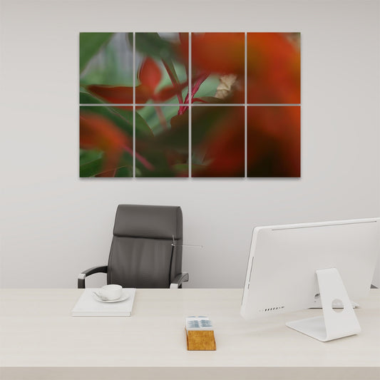 Front view of 8-panel acoustic wall art featuring overlapping branches and leaves in soft-focus natural tones with rich contrast and light.