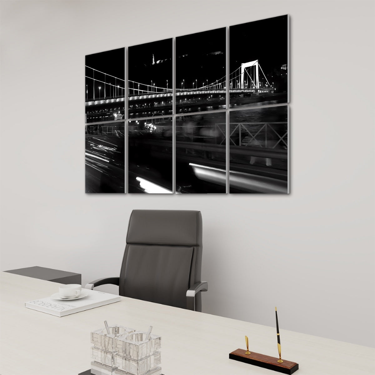 Right-angle view of Budapest Bridge acoustic panels showing vivid lighting and reflection details in a nighttime cityscape.