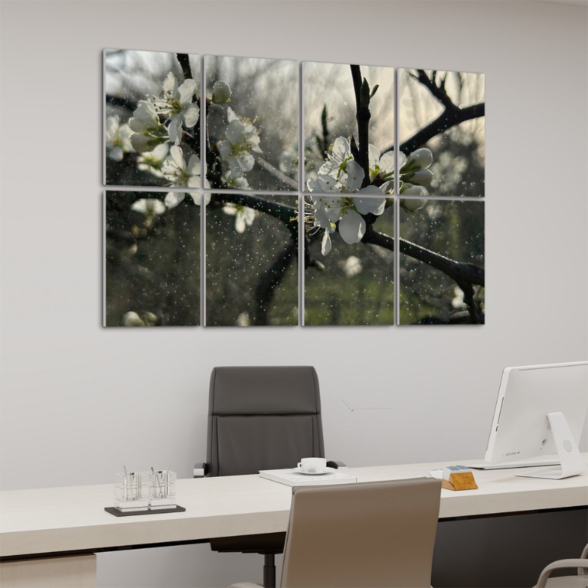 Left angle view of white blossoms in soft backlight and rain, printed on 8 full-color acoustic wall panels with natural greens and warm light.