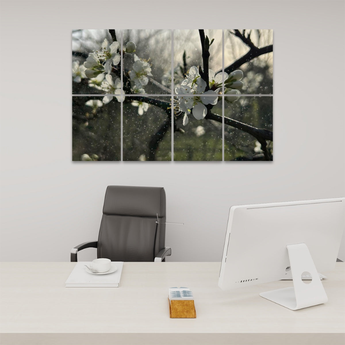 Full-color close-up of blooming white flowers on wet dark branches, with water droplets in sunlight, shown on 8 decorative sound-absorbing wall panels.