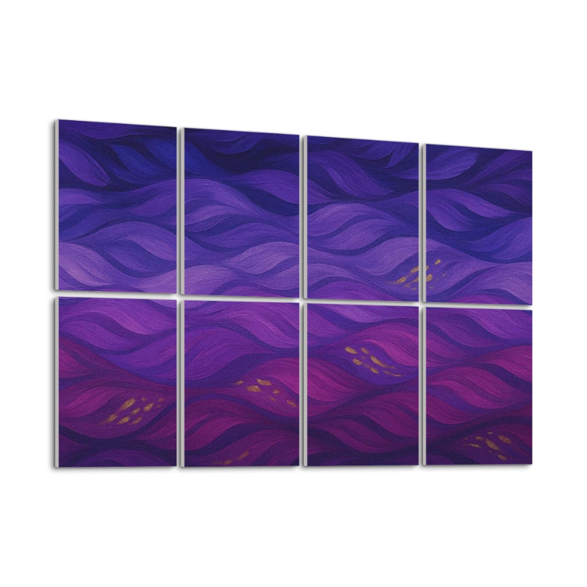 left side view of Eight decorative sound-absorbing wall panels in the original jewel-toned wave pattern—swirling purples, teals, magentas, and amber—mounted in a two-by-four grid on a plain white wall.