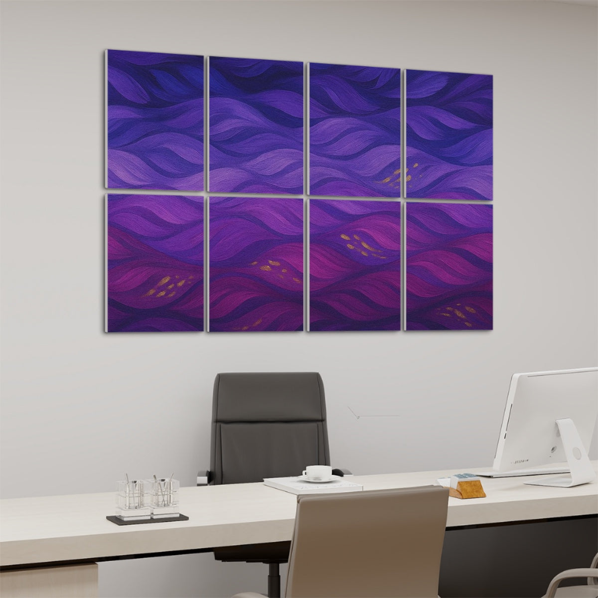 left side view of  Eight decorative sound-absorbing wall panels in the original jewel-toned wave pattern—swirling purples, teals, magentas, and amber—mounted in a two-by-four grid on a plain white wall.