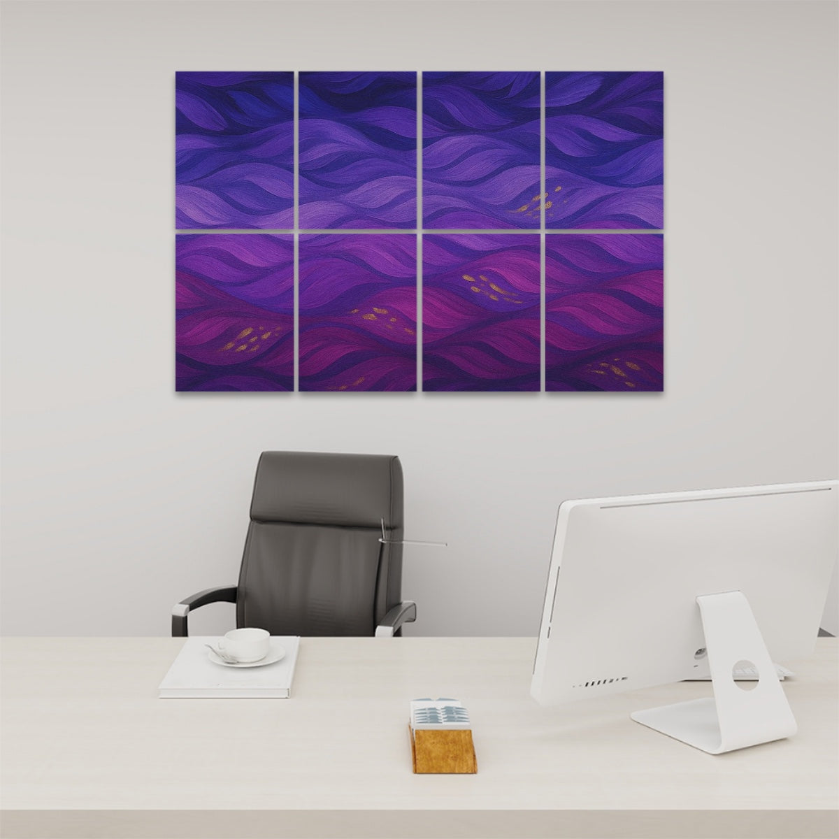 Eight decorative sound-absorbing wall panels in the original jewel-toned wave pattern—swirling purples, teals, magentas, and amber—mounted in a two-by-four grid on a plain white wall.