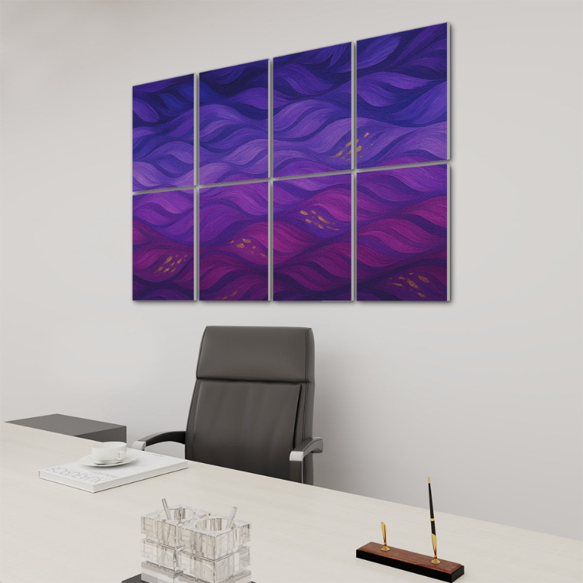 right side view of  Eight decorative sound-absorbing wall panels in the original jewel-toned wave pattern—swirling purples, teals, magentas, and amber—mounted in a two-by-four grid on a plain white wall.