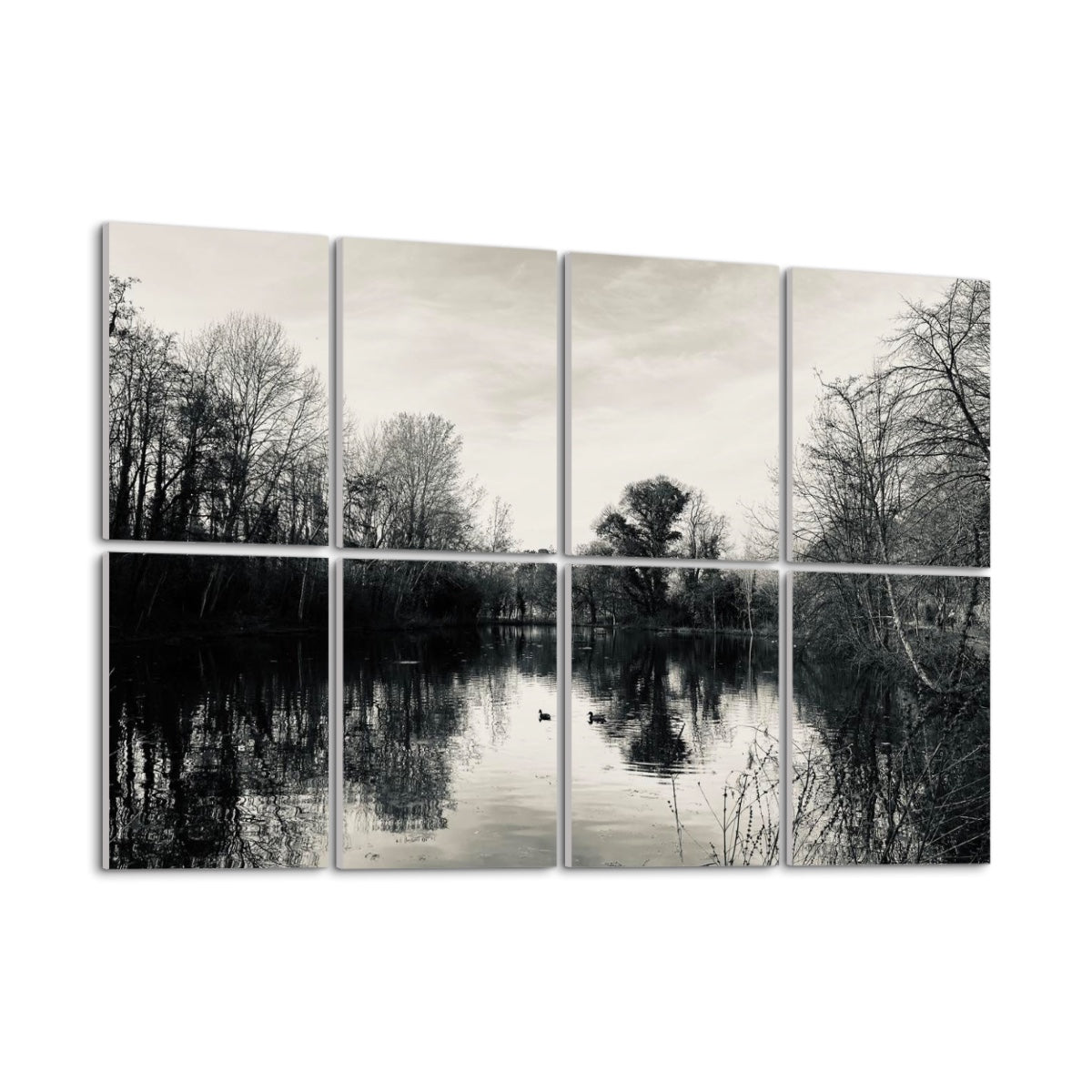 Left angle view of full-color wall panels featuring a calm lake and surrounding trees in natural hues, printed on 8 decorative acoustic panels.