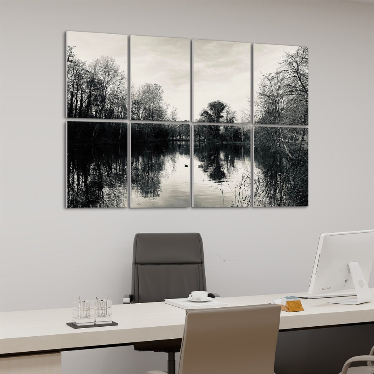Left angle view of full-color wall panels featuring a calm lake and surrounding trees in natural hues, printed on 8 decorative acoustic panels.