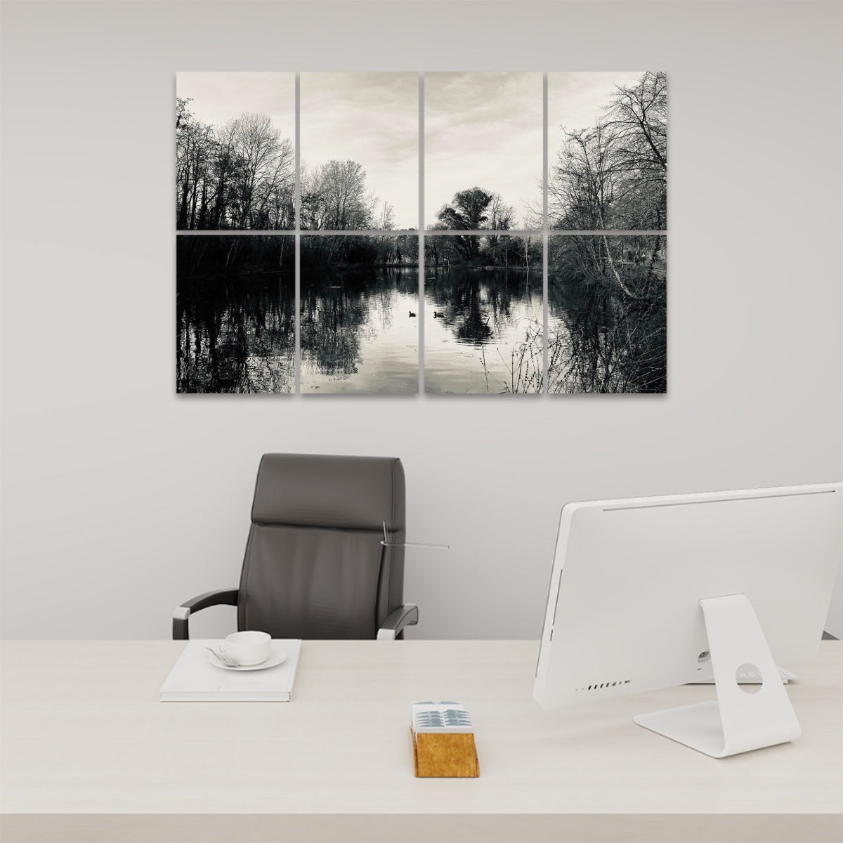 Full-color acoustic wall panels showing a still lake surrounded by bare trees with ducks gliding across the water under a pale sky.
