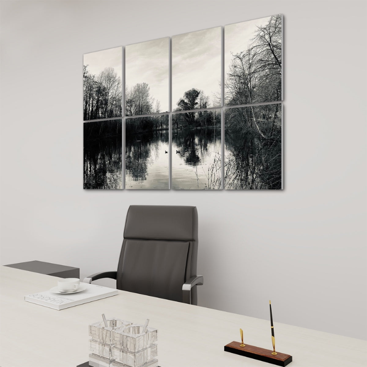 Right-side view of a reflective lake landscape with ducks and leafless trees in early seasonal tones, displayed on 8 sound-absorbing panels.