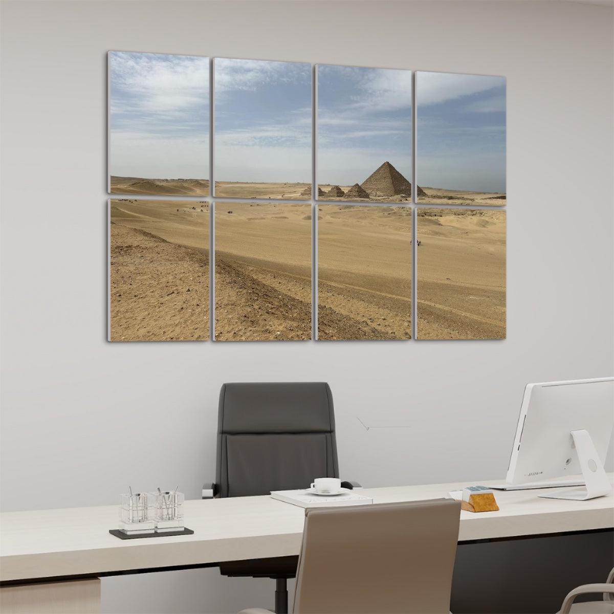 Left-angle view of 8-panel Pyramid of Menkaure wall art in full color, highlighting structure depth and sandy textures.