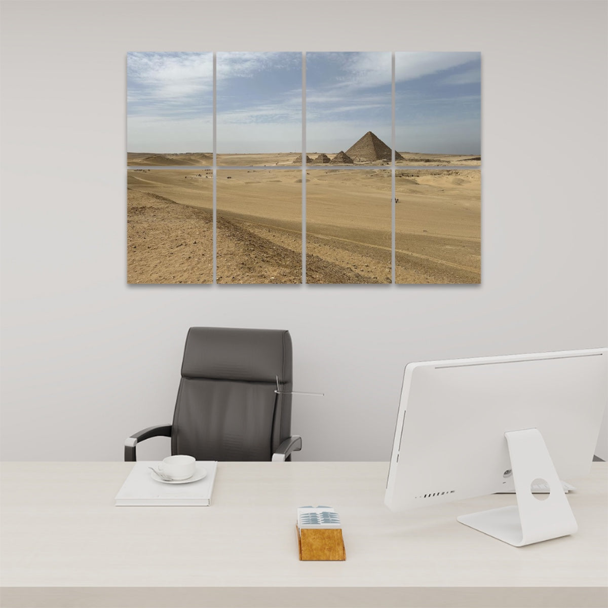 Front view of 8-panel acoustic wall art showing the Pyramid of Menkaure in Egypt under a clear blue sky, with detailed desert tones.