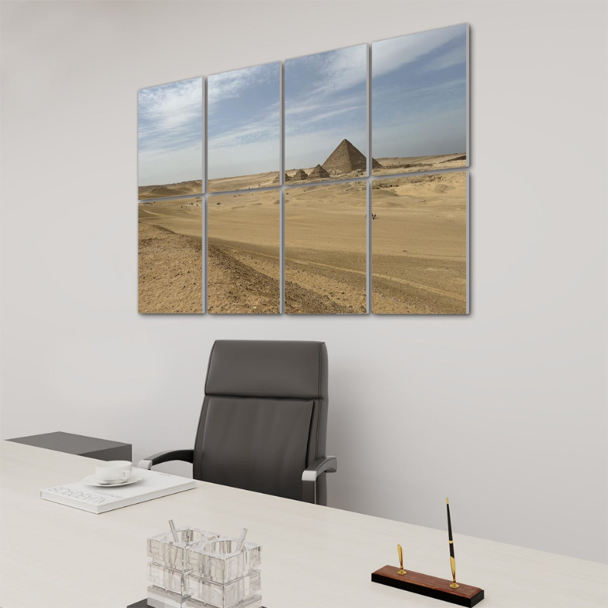 Right-angle view of full color Pyramid of Menkaure acoustic wall art with strong sunlight and shadow contrast.