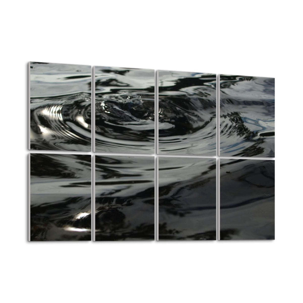 Left side angled view of full color abstract water wall art printed on 8 acoustic panels, showing soft movement and ripple detail.