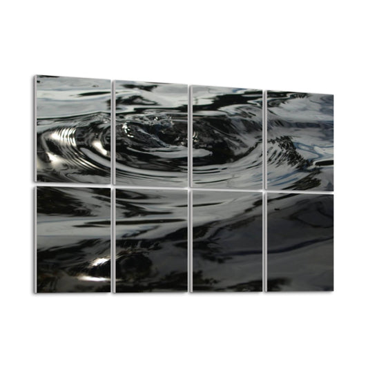 Left side angled view of full color abstract water wall art printed on 8 acoustic panels, showing soft movement and ripple detail.