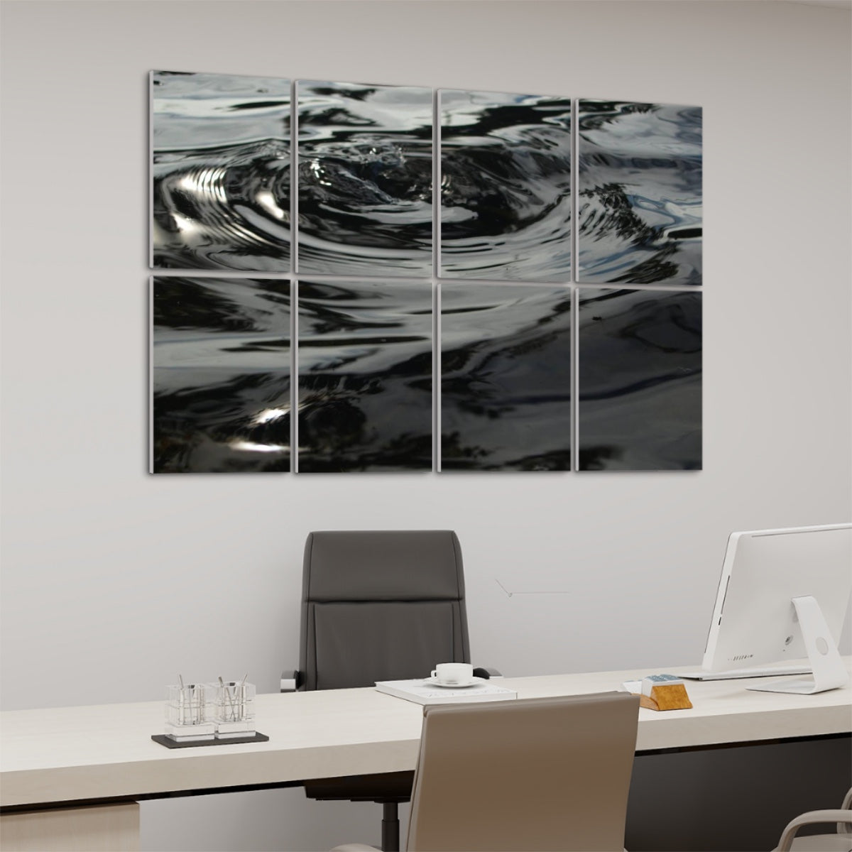 Left side angled view of full color abstract water wall art printed on 8 acoustic panels, showing soft movement and ripple detail.