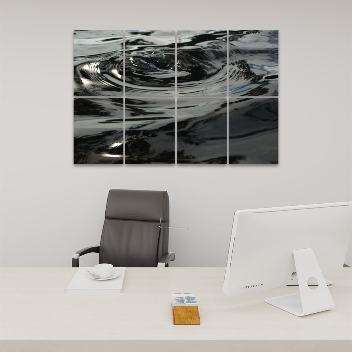 Abstract close-up of dark rippling water with reflective highlights, printed across 8 decorative sound absorbing panels.