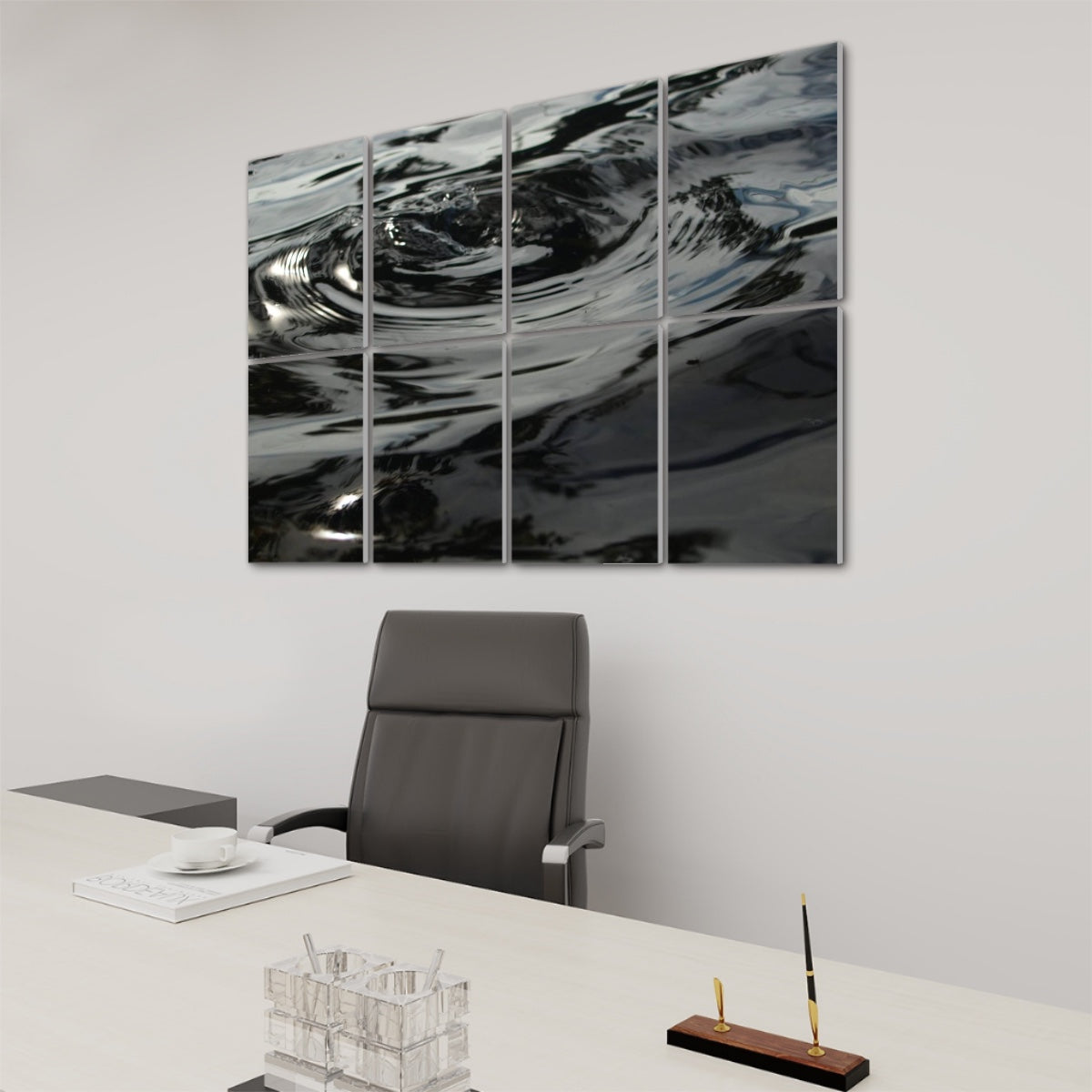 Right side angled view of rippling water design across 8 decorative sound absorbing panels in full color.
