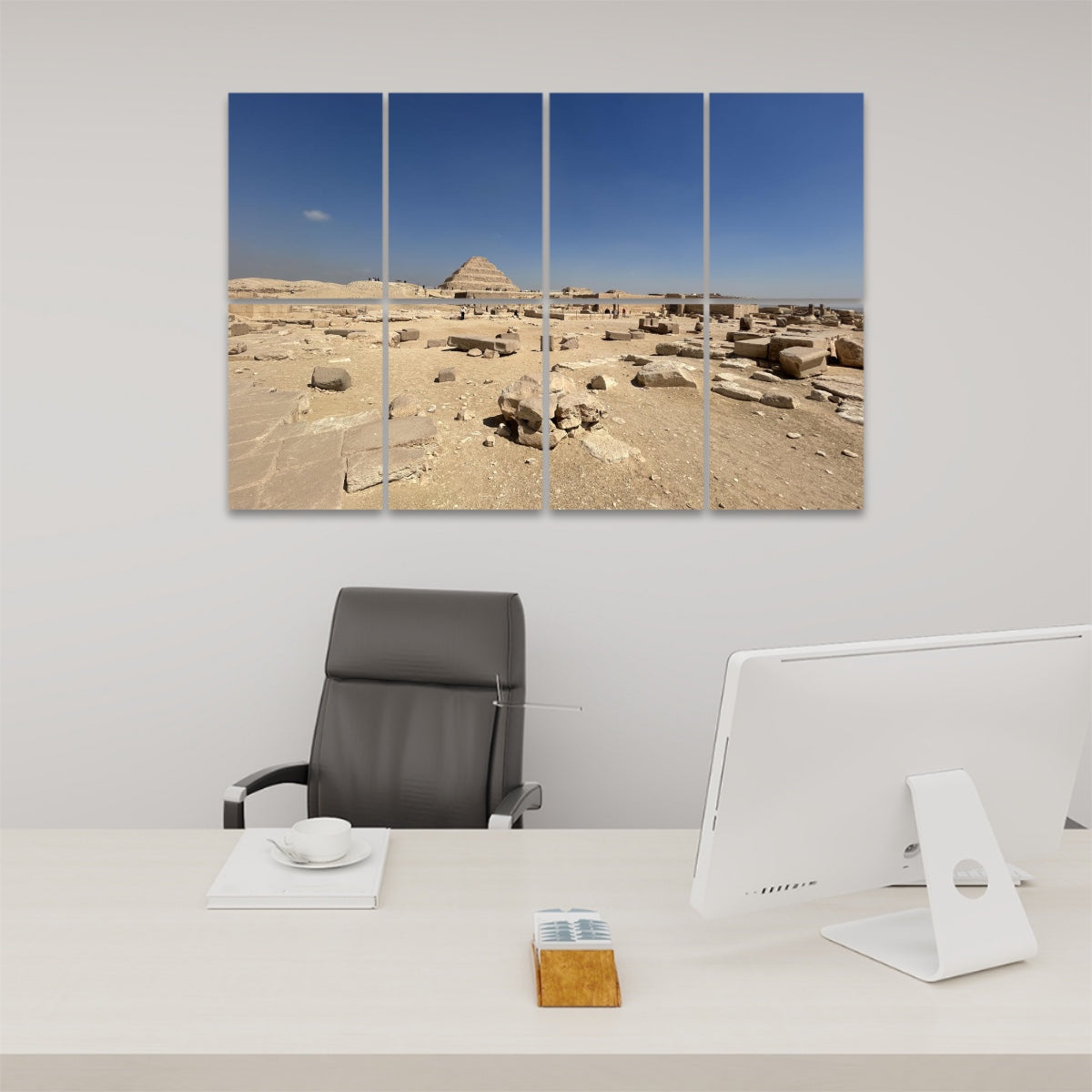 Step Pyramid of Djoser at Saqqara under a clear blue sky, with ruins in the foreground, shown on 8 decorative sound absorbing wall panels.