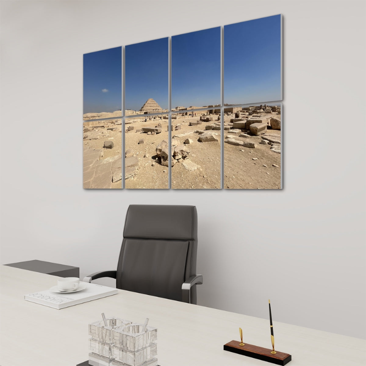 Step Pyramid of Djoser at Saqqara under a clear blue sky, with ruins in the foreground, shown on 8 decorative sound absorbing wall panels. right angle