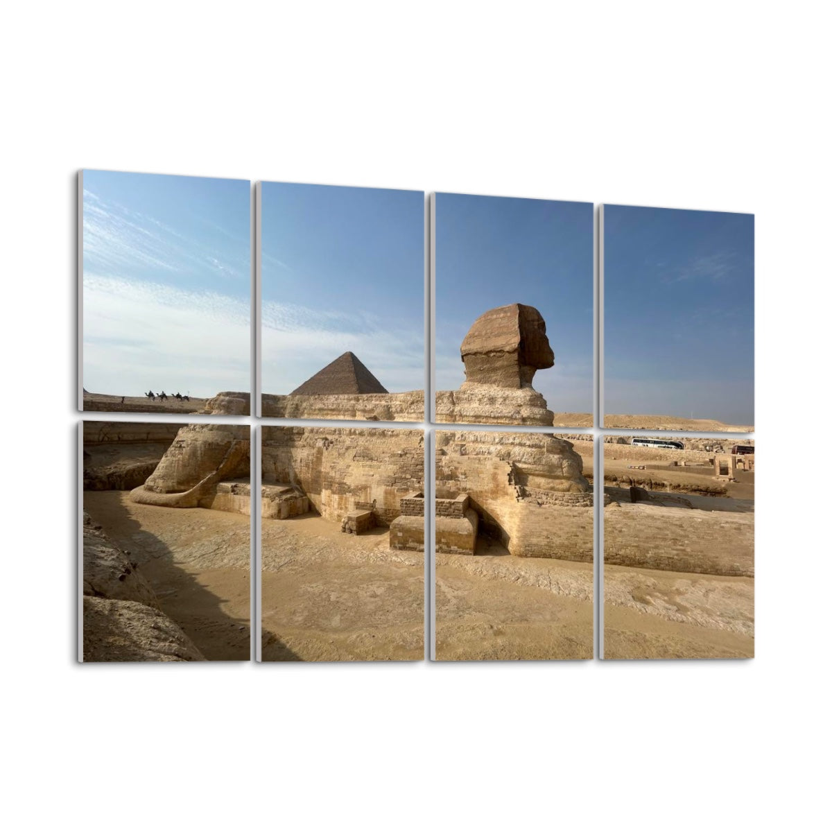 Angled left-side view of full color acoustic wall art showing the Sphinx in profile and the Pyramid of Khufu in warm desert light.
