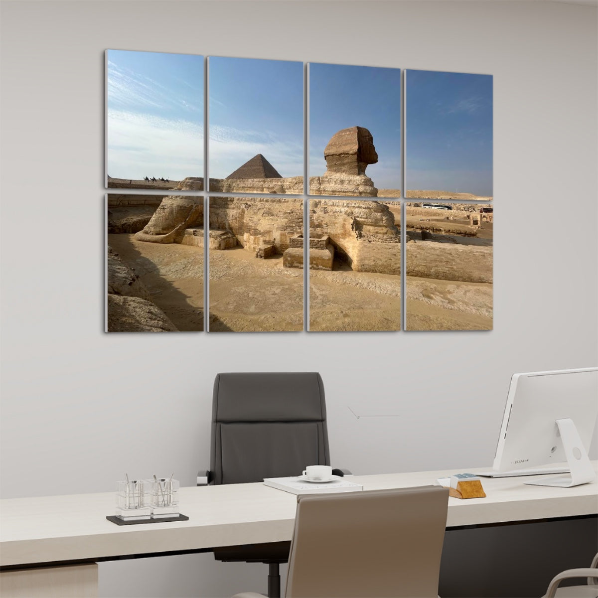 Angled left-side view of full color acoustic wall art showing the Sphinx in profile and the Pyramid of Khufu in warm desert light.