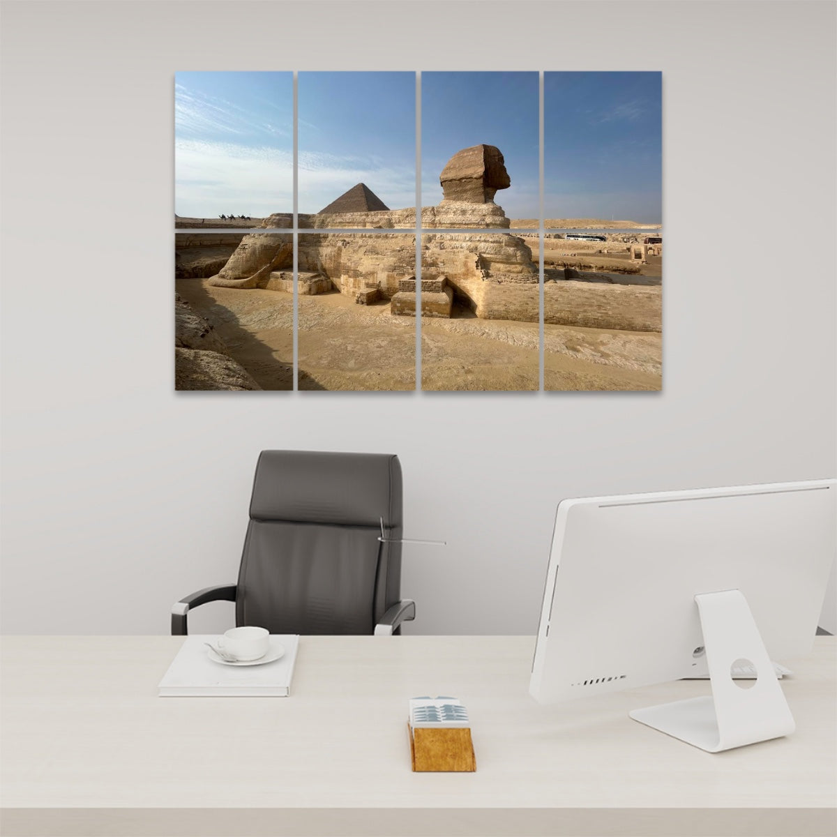 Side profile of the Great Sphinx of Giza with the Pyramid of Khufu behind it, under a blue sky, spanning 8 decorative sound absorbing panels.