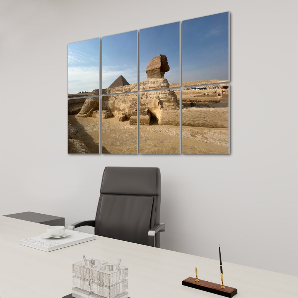 Angled right-side view of the Sphinx and Khufu’s pyramid, spanning 8 full color sound absorbing wall panels with golden tones and deep shadows.