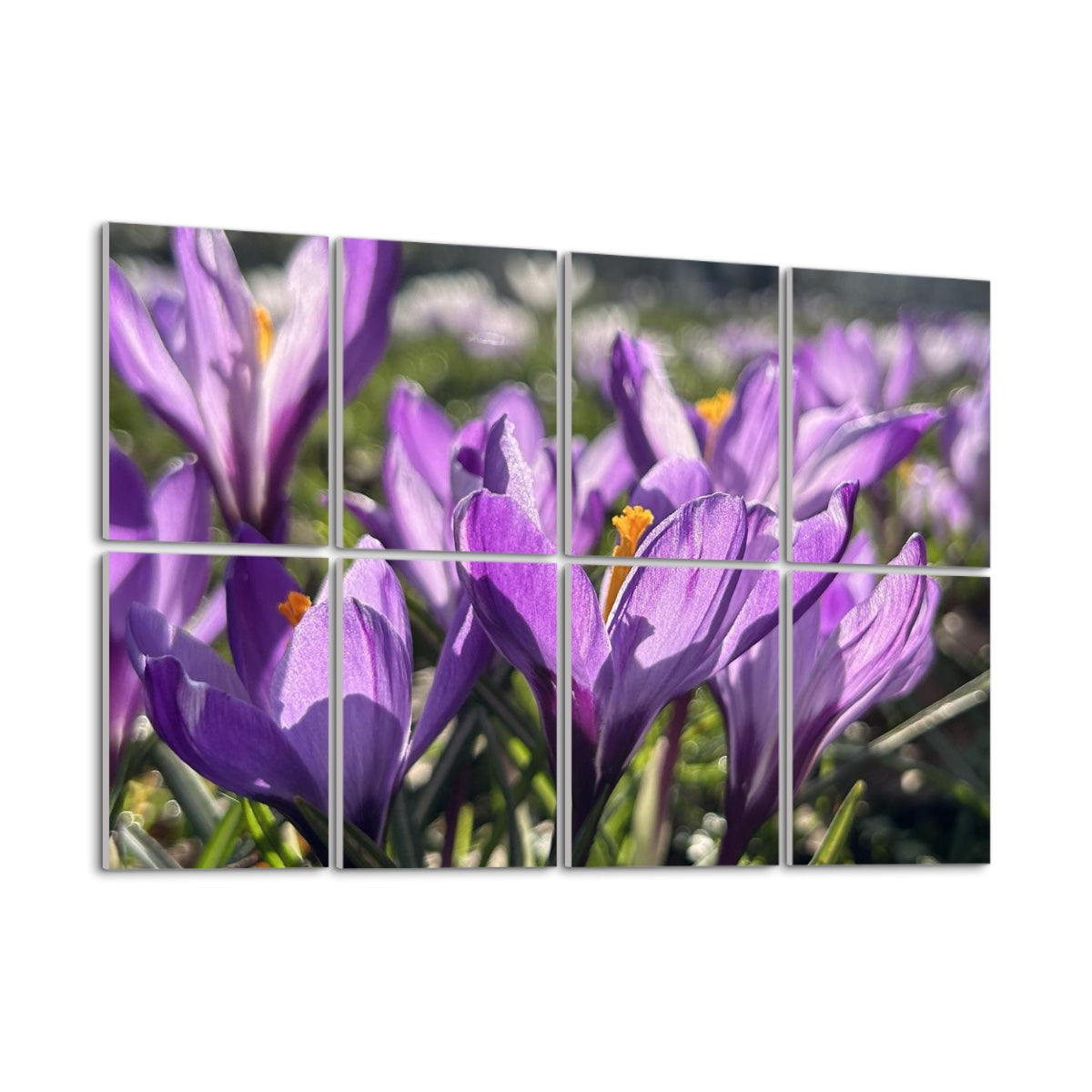 Left angle side view of the purple crocus wall art set showing depth and panel texture.