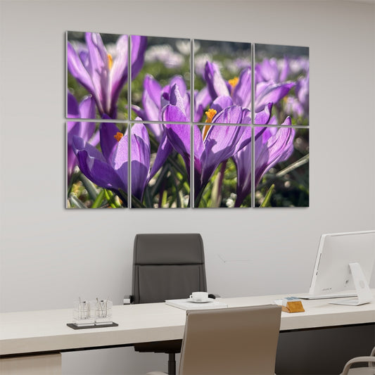 Left angle side view of the purple crocus wall art set showing depth and panel texture.