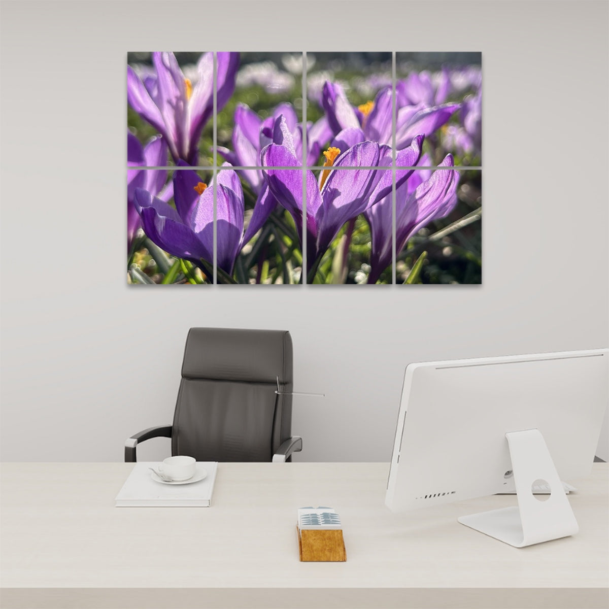Close-up of blooming purple crocuses with yellow centers, printed across 8 decorative sound absorbing wall panels.