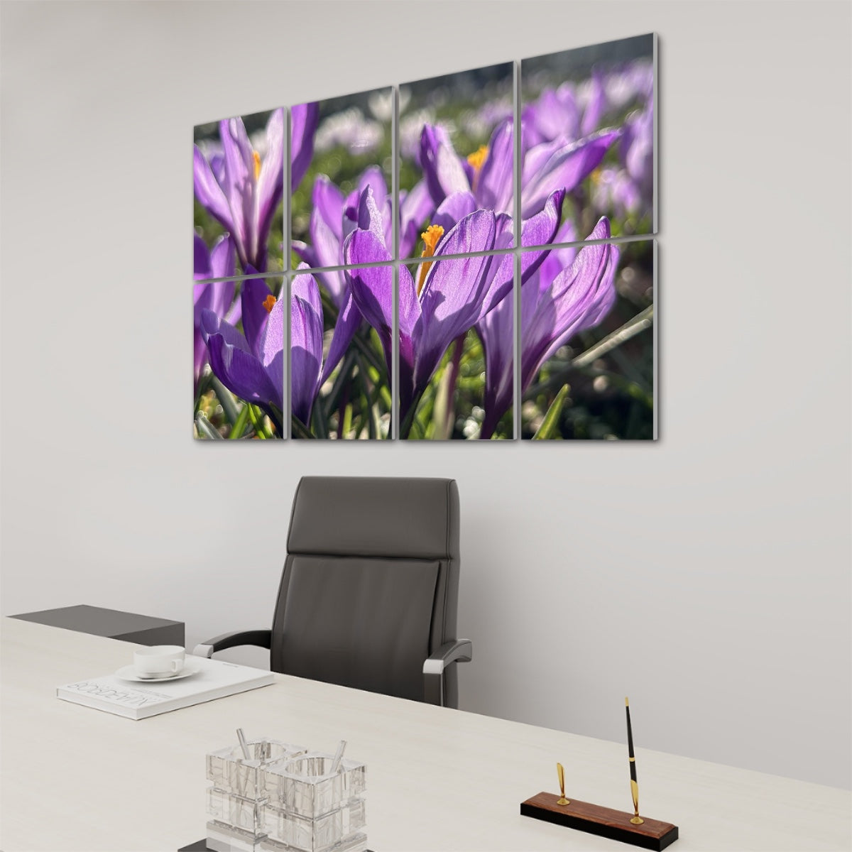 Right angle view of the purple crocus panel set highlighting structure and print continuity.