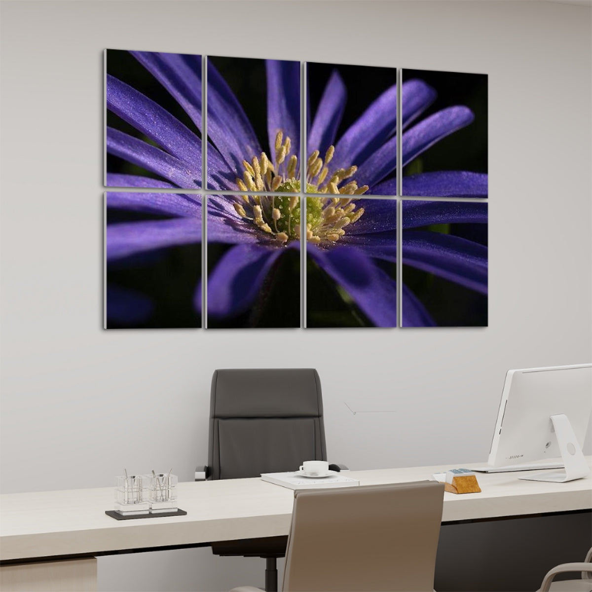Angled side view from the left showing depth and detail of 8 acoustic wall panels with a vibrant purple anemone floral design.