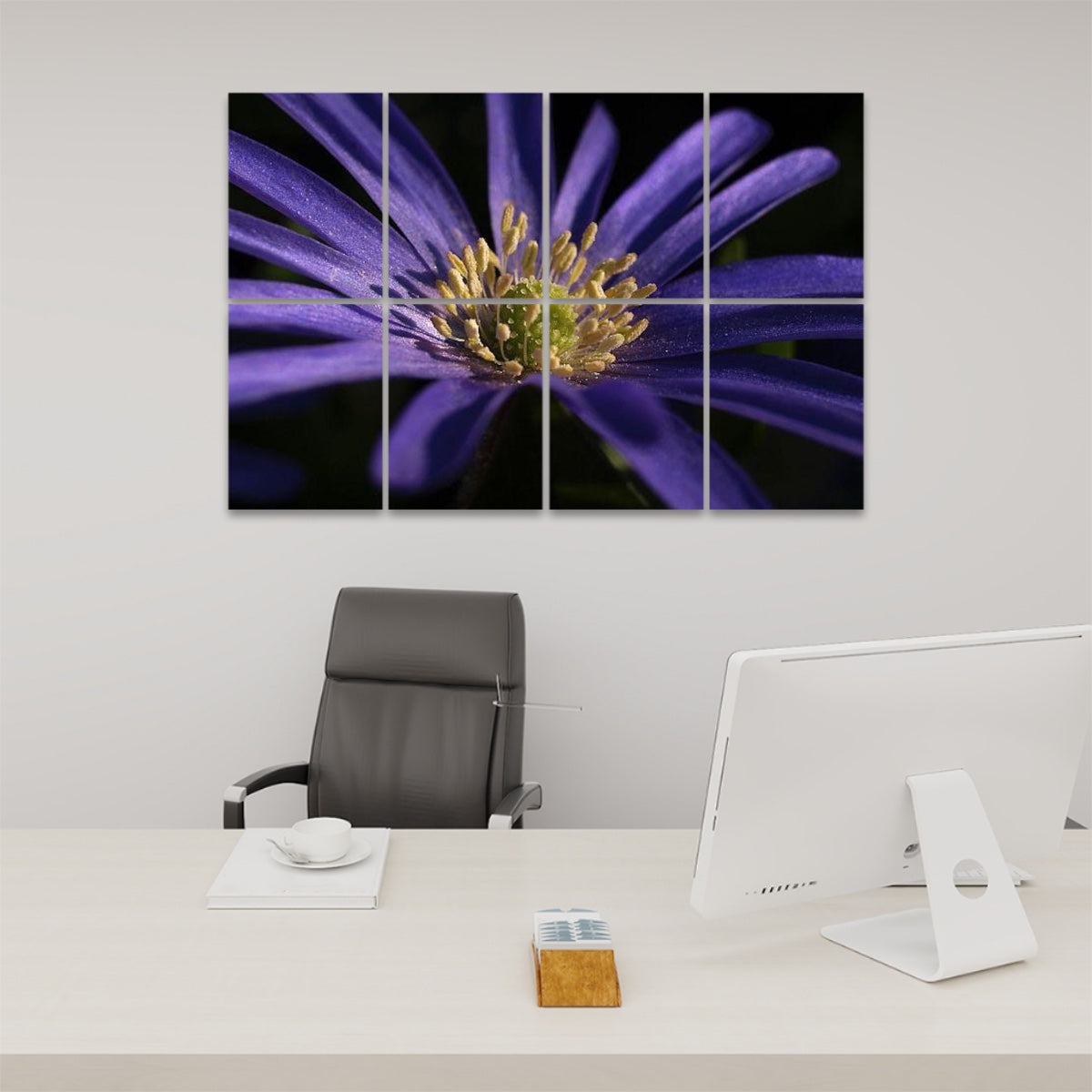 Front view of 8 decorative acoustic wall panels featuring a vivid close-up of a purple anemone with golden center, arranged in a grid.
