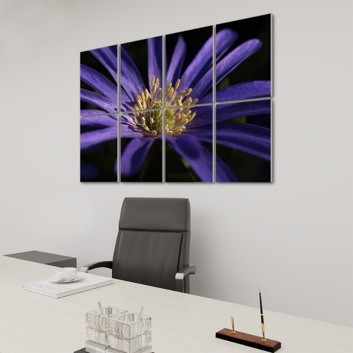 Right side perspective of decorative sound-absorbing panels displaying a bold purple anemone flower close-up in full color.