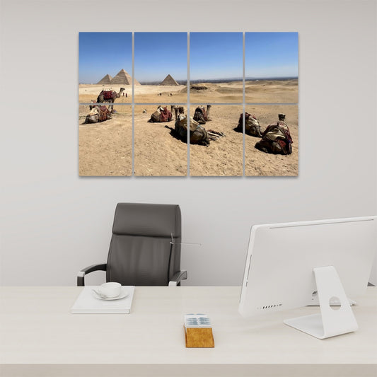 Front view of 8-panel acoustic wall art showing camels resting in the desert with pyramids of Giza in the background under a clear sky.