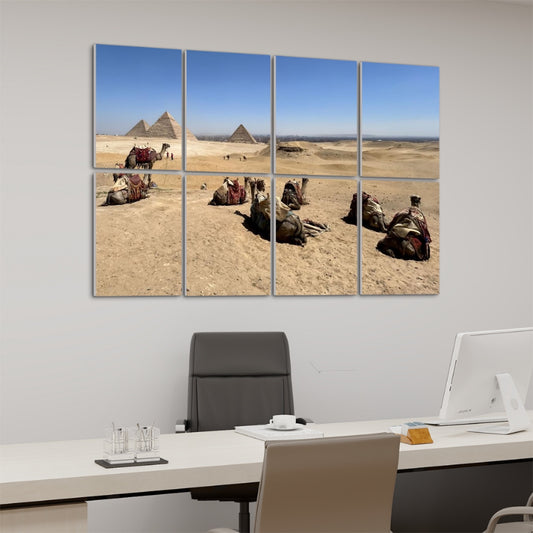 Left-angle view of Camels and Pyramids full color wall panels with soft golden sand and distant structures.