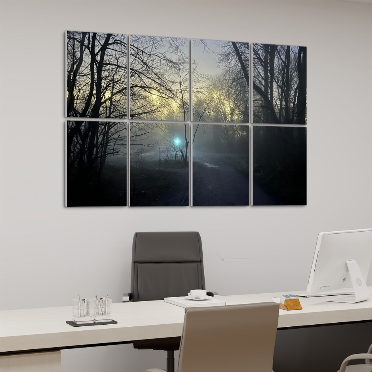 Angled left-side view of full-color foggy forest path with mist, silhouetted trees, and soft glowing light across 8 acoustic wall panels.