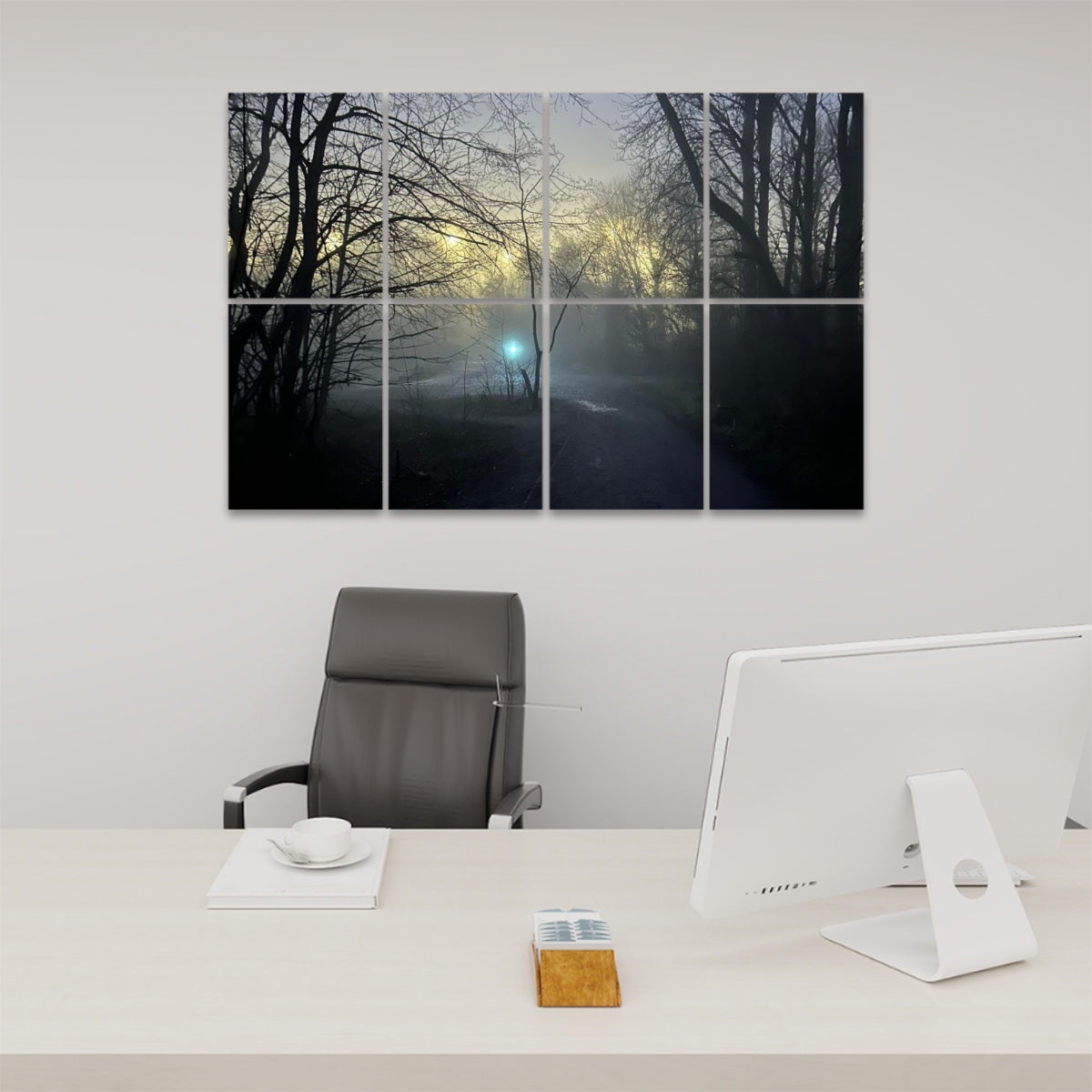Full-color image of a foggy forest path at dawn, with silhouetted trees and soft yellow-blue light, printed across 8 decorative sound-absorbing wall panels.