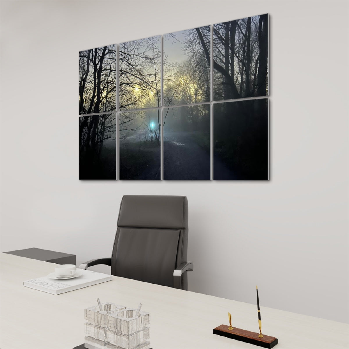 Right-side perspective of a mist-covered path through bare trees, with dawn light and fog rendered across 8 sound-absorbing decorative panels.